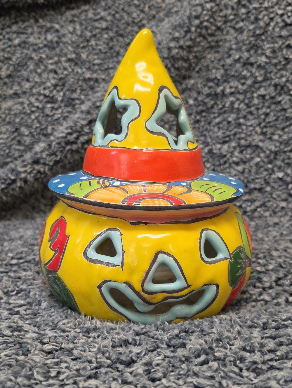 Hand-Painted Yellow Ceramic Halloween Jack-O'-Lantern with Hat
